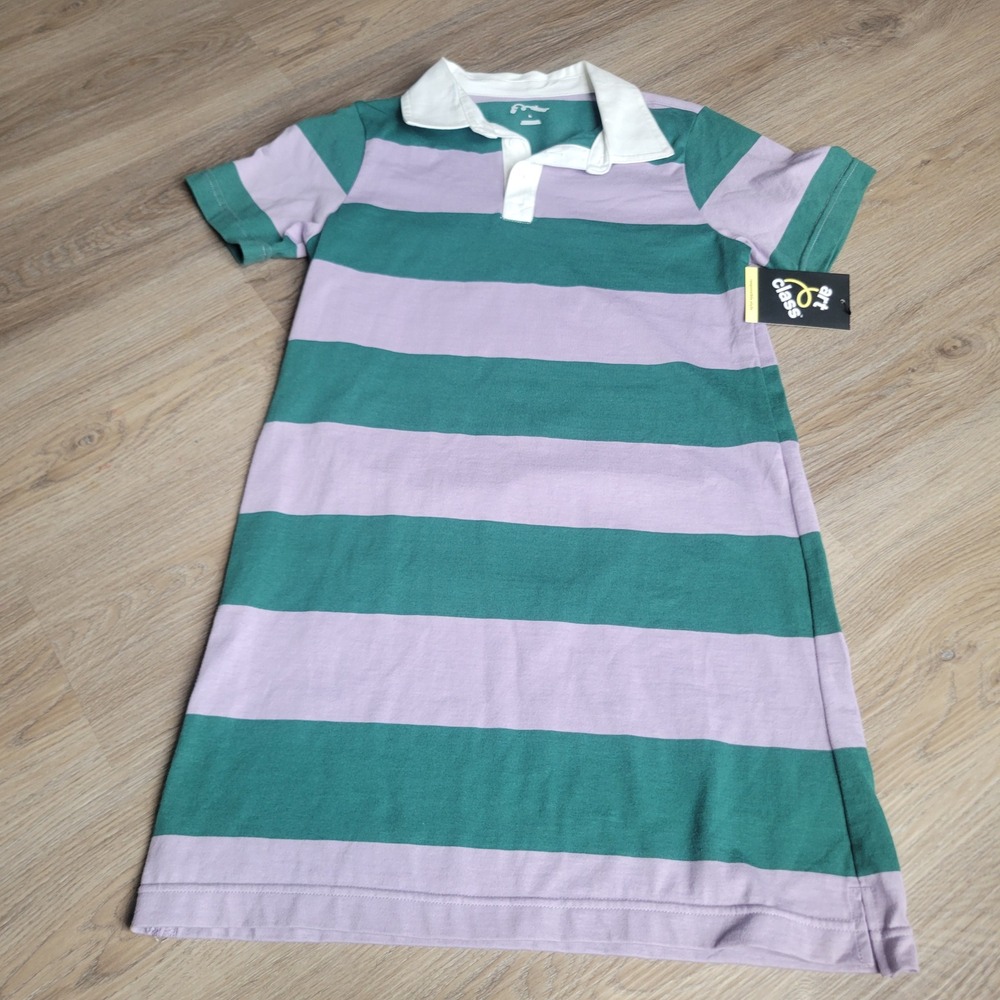 Art Class Girls Polo Dress L Green Purple Striped Cotton Blend Sporty Preppy